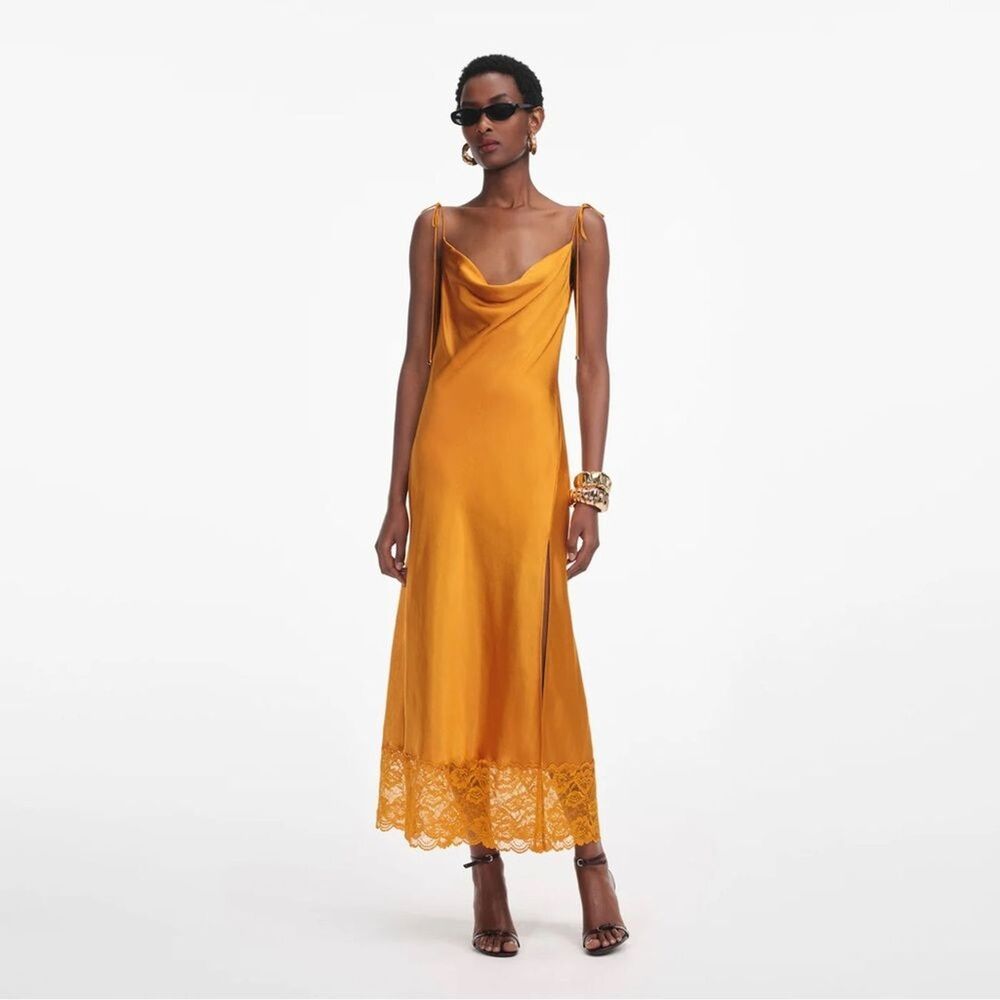 NWOT SELF-PORTRAIT  Burnt Orange Satin-Lace Midi Dress UK8/US4 - Picture 2 of 16